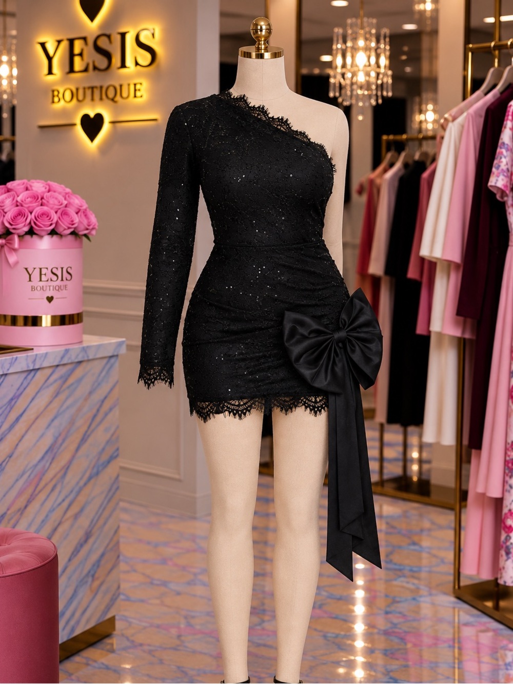 Fashion Nova Black One-Shoulder Lace Mini Dress with Side Bow